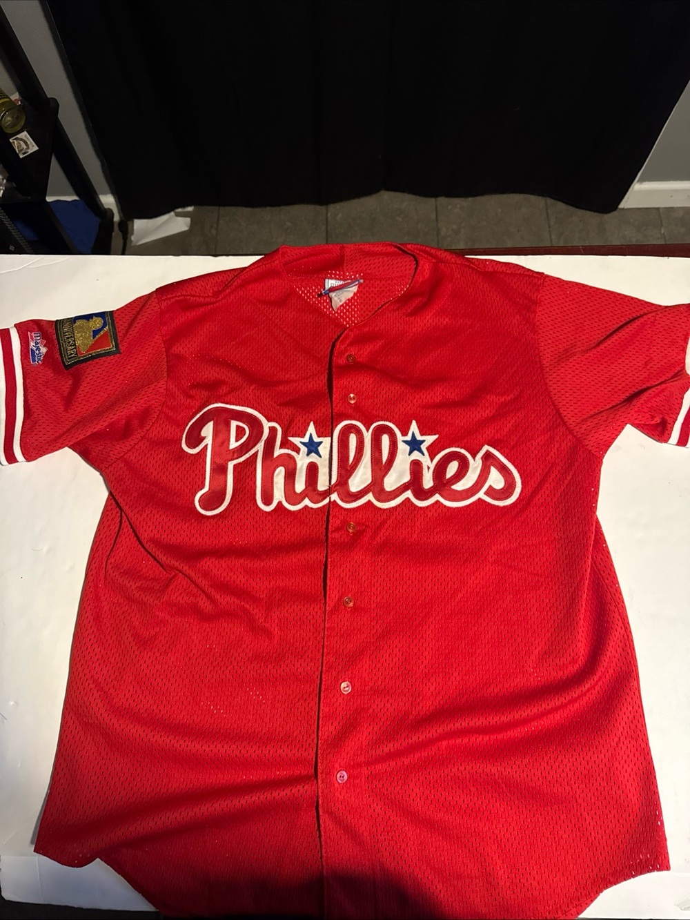 Vtg 90s Majestic Philadelphia Phillies MLB Jersey 125th Aniv. Patch XL